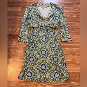 Boden Stretch Teeshirt Dress Jersey 3/4 Sleeve Blue Green Floral Pattern Women 4